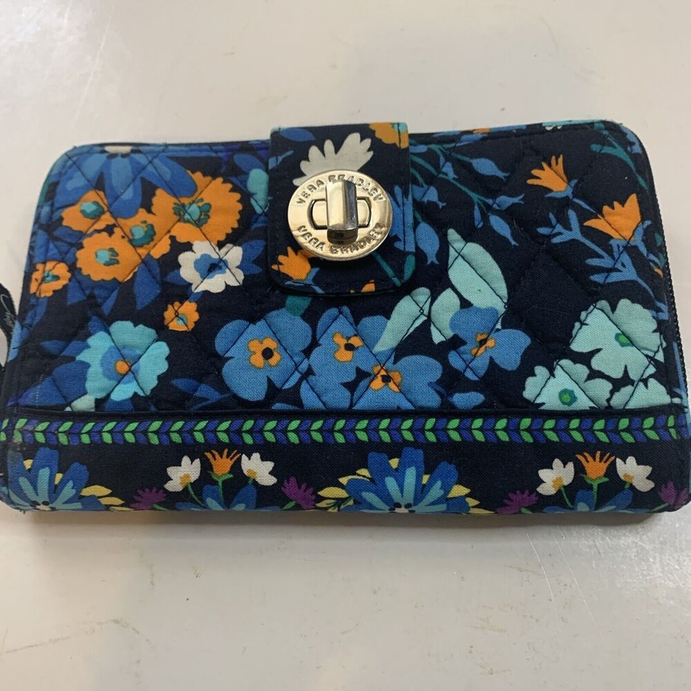 Vera Bradley Turn Lock Wallet Navy with Floral Tones Zippers